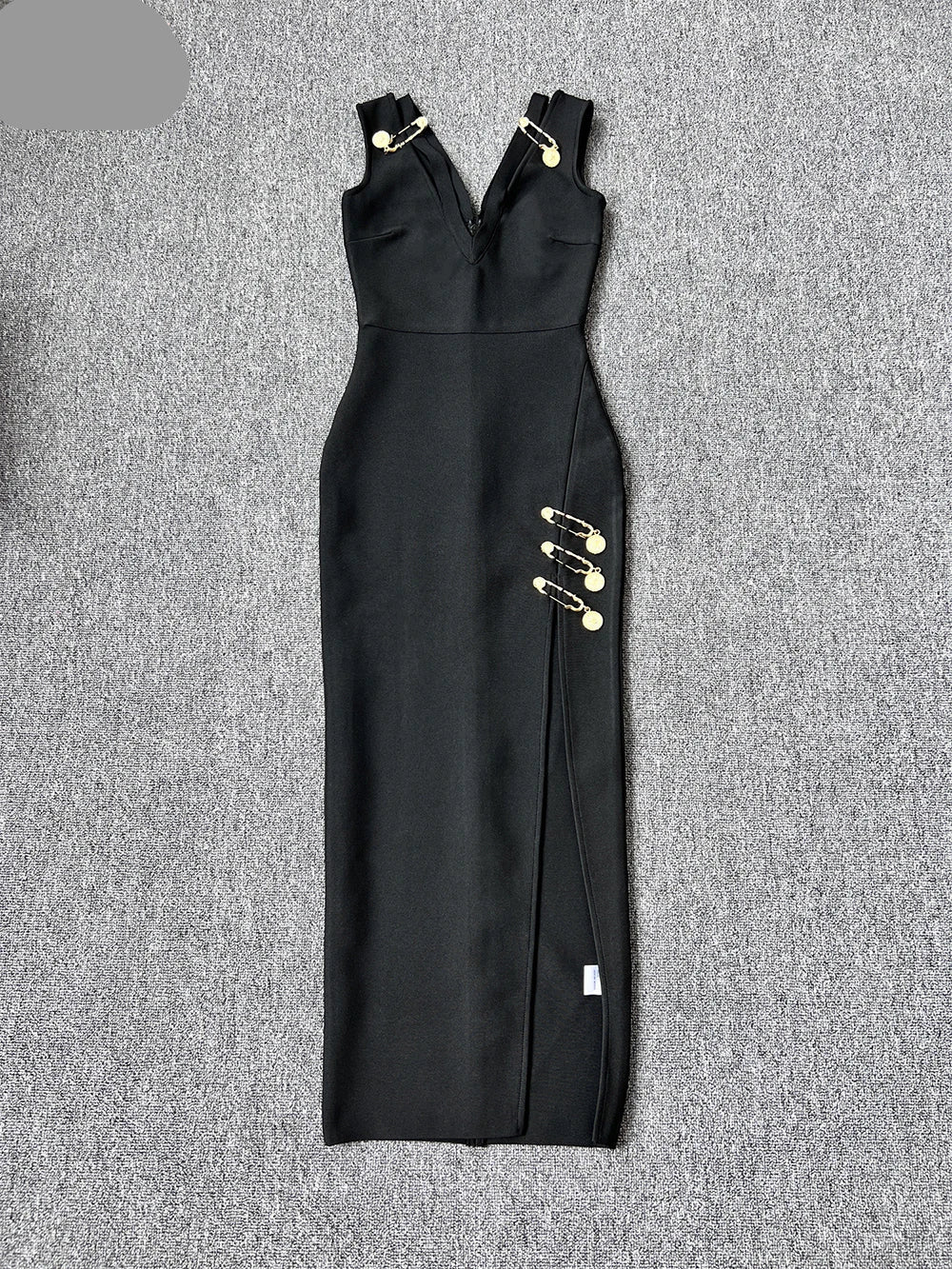 Medallion Safety Pin Sleeveless V-Neck Wrap Bandage High Split Midi Dress