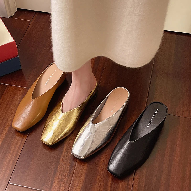 Metallic Square Toe Flat Mules