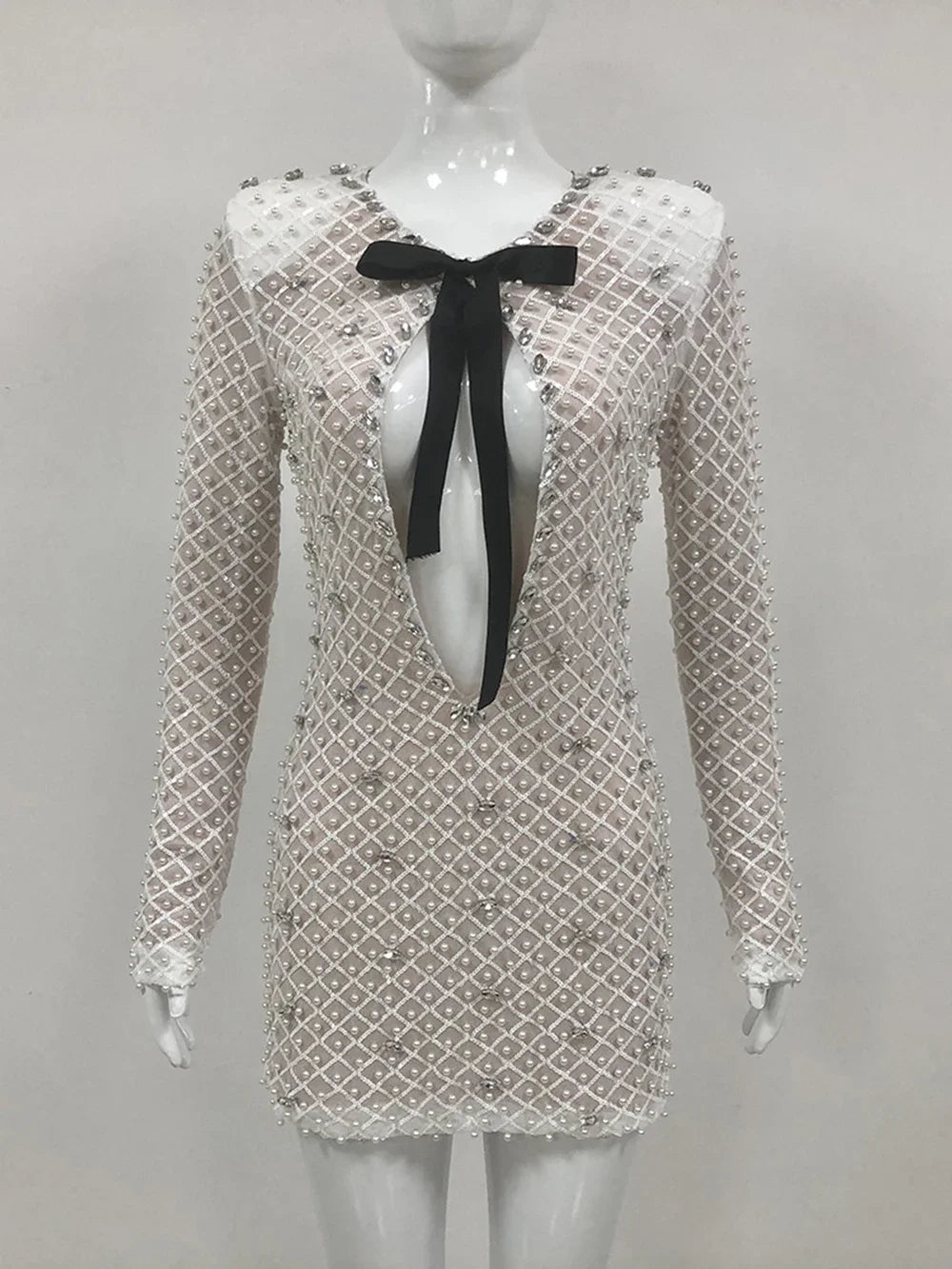 Pearl Beaded Long Sleeve Keyhole Bow Bodycon Mini Dress