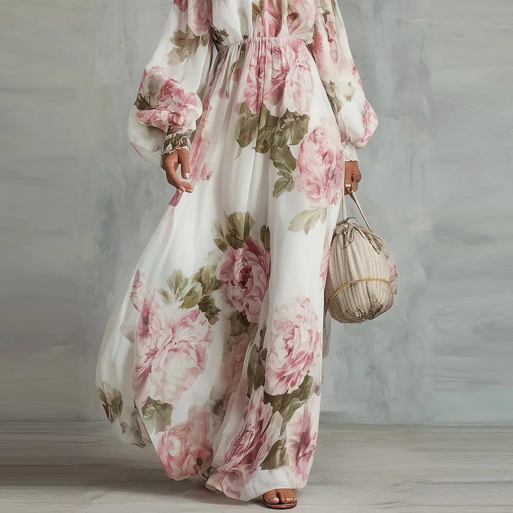 Floral Off Shoulder Puff Sleeve Maxi Dress