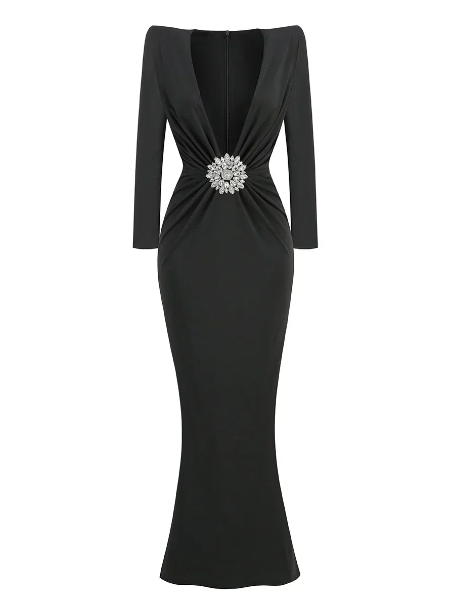 Rhinestone Deep V-Neck Long Sleeve Ruched Waist Column Maxi Gown