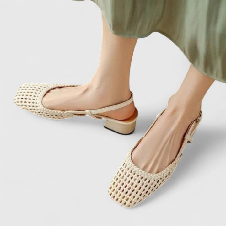 Woven Square Toe Slingback Block Heel Pumps