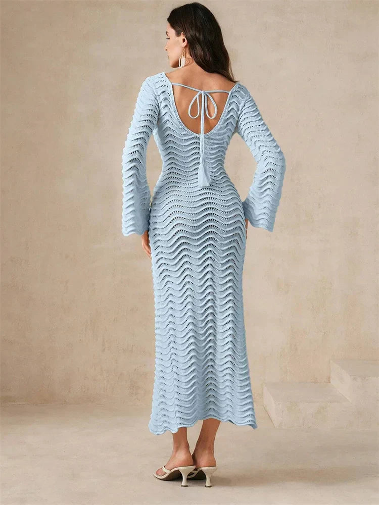 Open Knit Bell Sleeve Keyhole Metal Bar Back Tie Maxi Dress