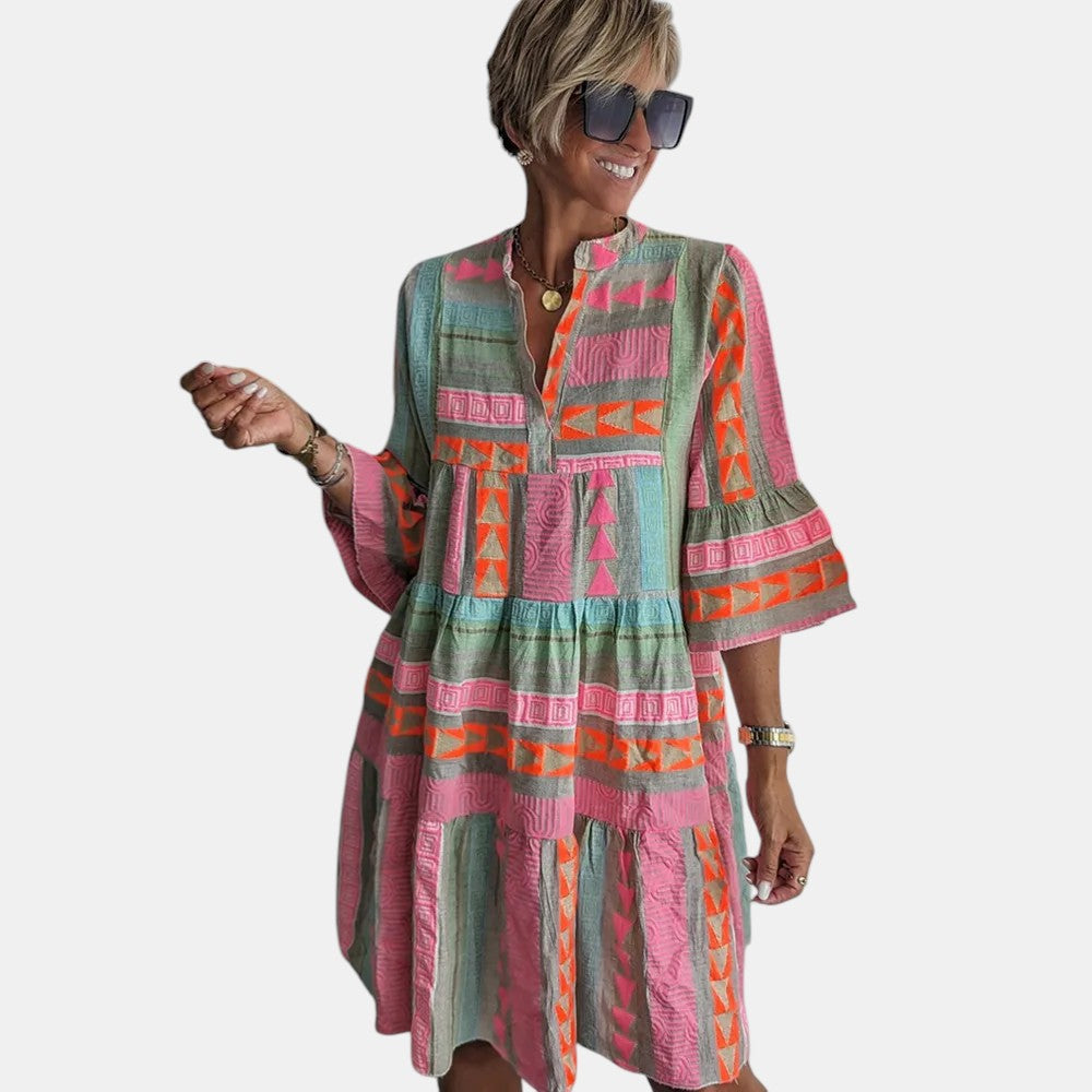 Geometric Print Notch Neck Flare Sleeve Tiered Mini Dress