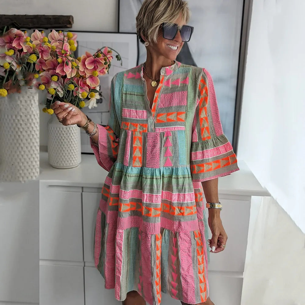Geometric Print Mandarin Collar Bell Sleeve Tiered Mini Dress