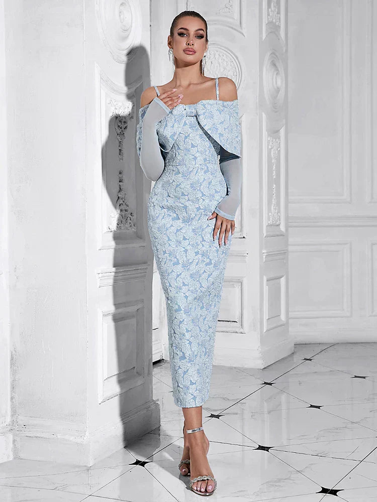 Off Shoulder Long Sleeve Jacquard High Split Midi Dress