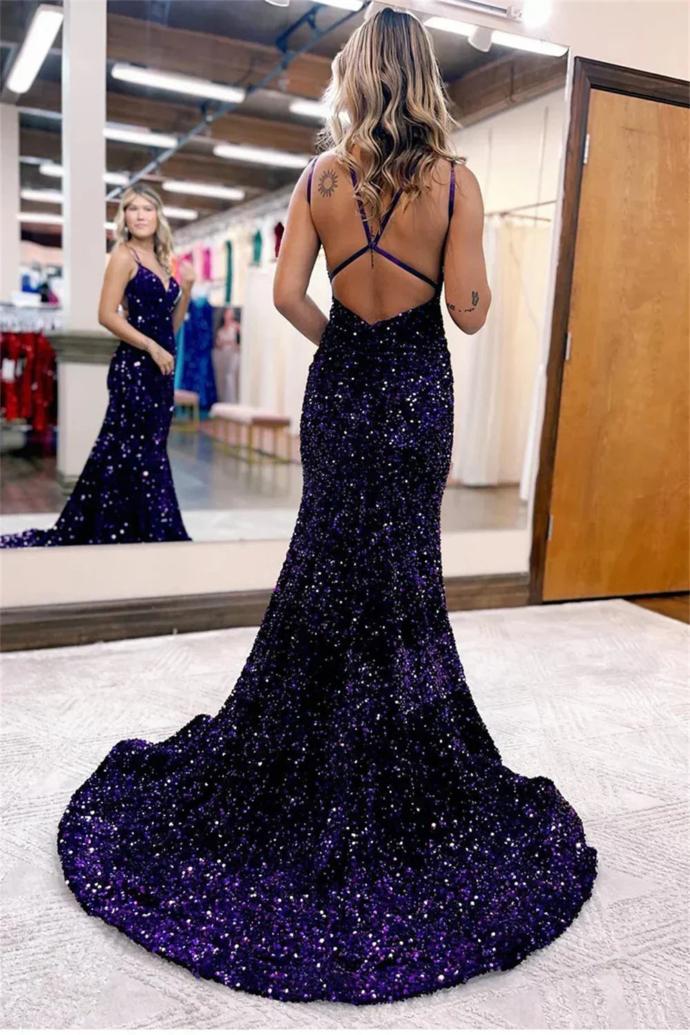 Sequin V-Neck Sleeveless Backless Bodycon Maxi Party Dress - View 3