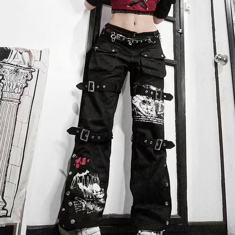 Mojoyce Gothic Bandage Women Baggy Jeans Punk Style Egirl Black Denim Trousers Y2K Dark Academia Hight Waist High Street Pants