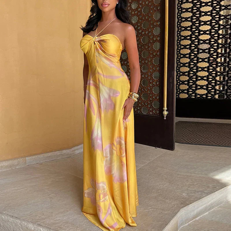 Satin Halter Neck Twist Front Slim Maxi Dress