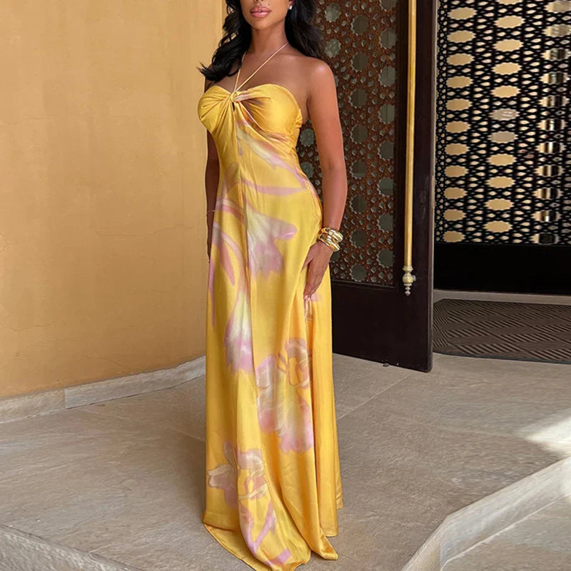 Satin Halter Neck Twist Front Slim Maxi Dress - View 2