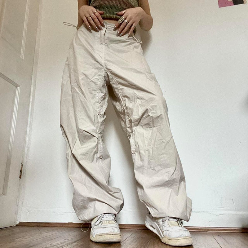 Mojoyce Women Casual Joggers Tech Pants Vintage Solid Low Waist Drawstring Baggy Trousers Y2K Wide Leg Sweatpants Streetwear Cargo Pants