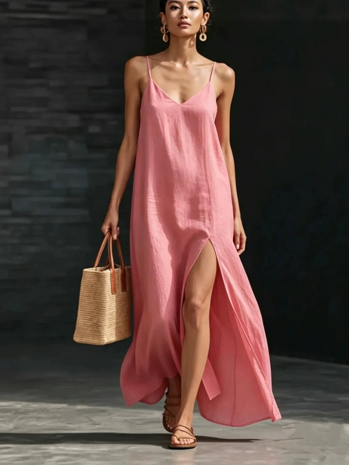 V-Neck Spaghetti Strap High Split Linen Look Maxi Dress