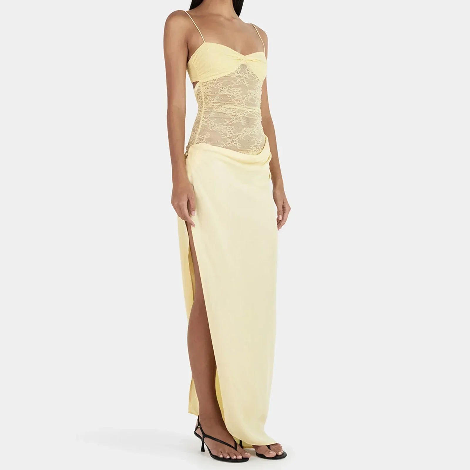 Lace Sweetheart Spaghetti Strap Sheer High Split Slip Maxi Dress