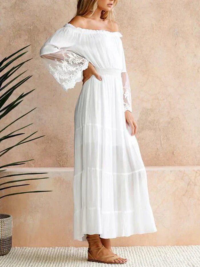 Off Shoulder Lace Bell Sleeve Smocked Tiered Chiffon Maxi Dress