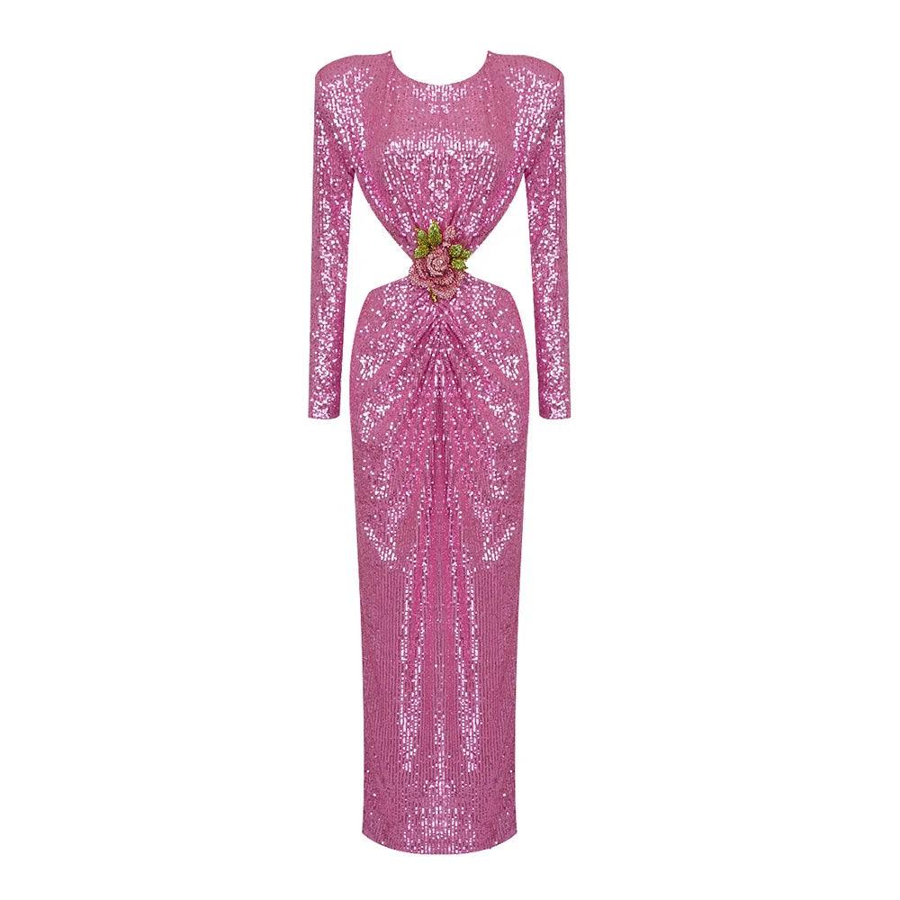Sequin Long Sleeve Cut Out Bodycon Maxi Dress