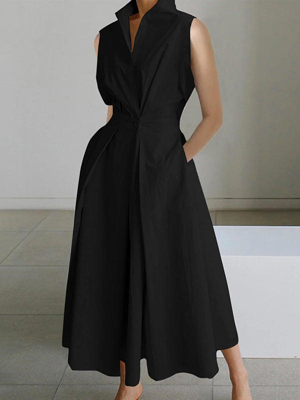 Collared Deep V-Neck Twist Waist Pocket Wide Leg Jumpsuit