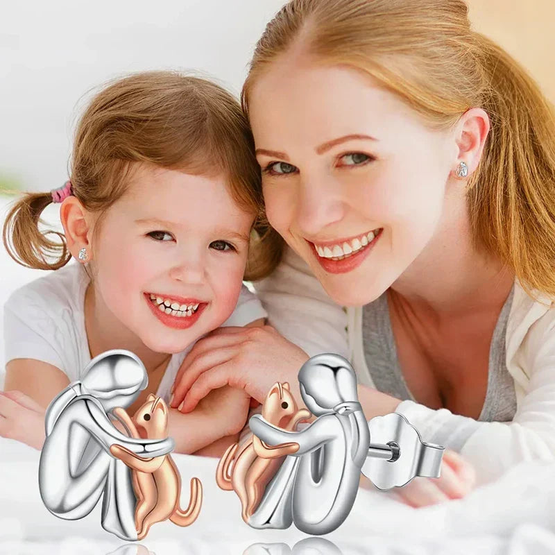 Girl Hugging Cat Two Tone Stud Earrings