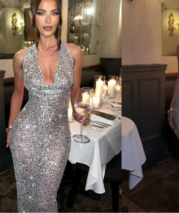Sequin Halter Neck Deep V-Neck Backless Mermaid Maxi Dress