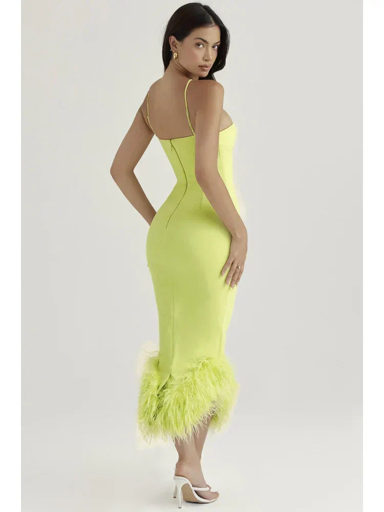 Elegant Spaghetti Strap Feather Midi Dress
