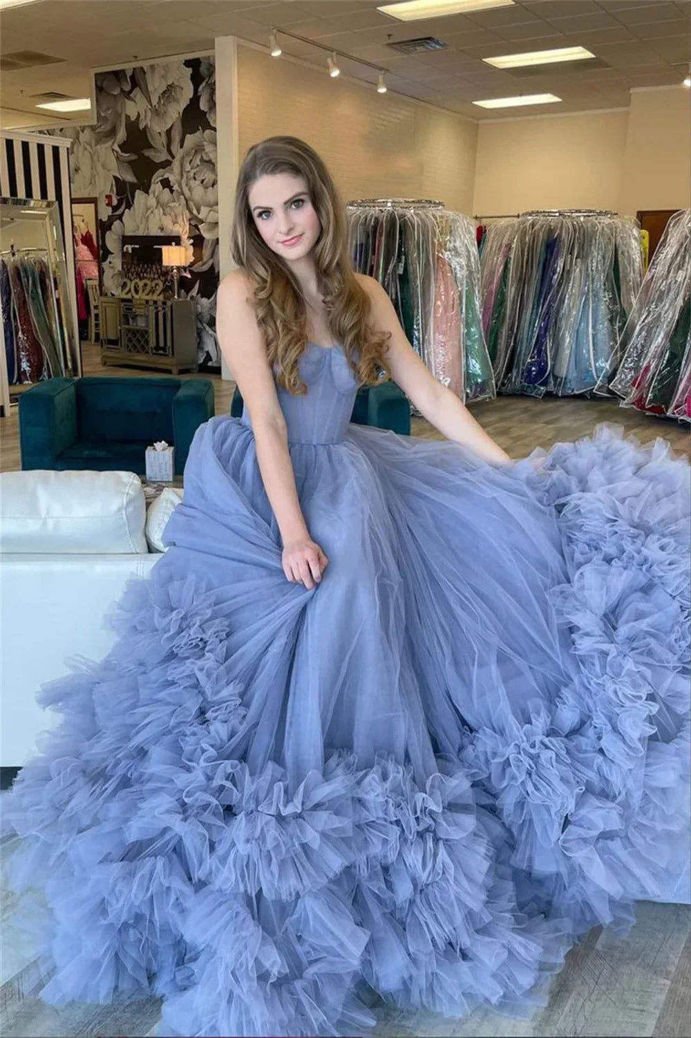 Tulle Strapless Sweetheart Ruffle Tiered Ball Gown