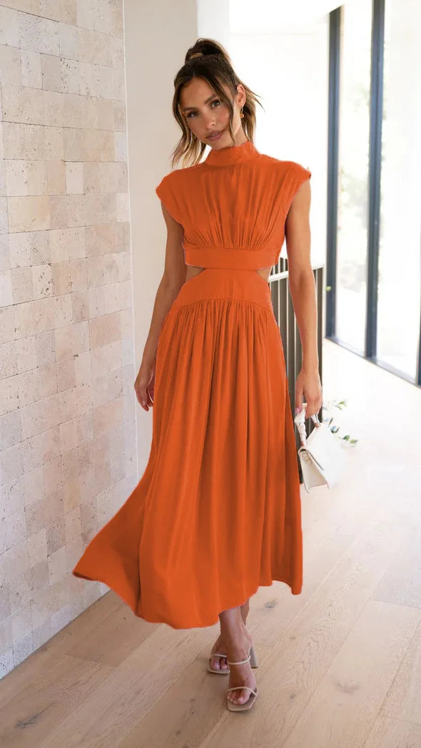 Sleeveless Mock Neck Side Cut Out Pleated Maxi Dress