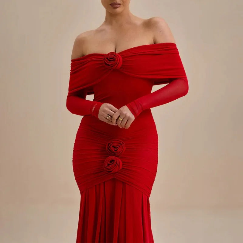 Off Shoulder Long Sleeve Rosette Mermaid Gown