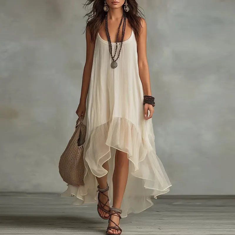 Chiffon Spaghetti Strap Ruffle High Low Maxi Dress Summer