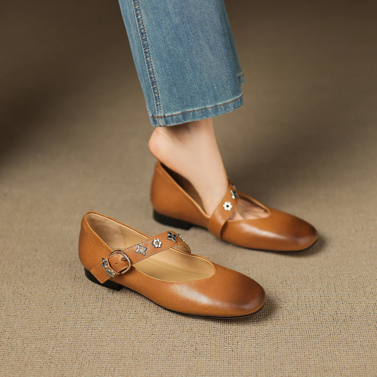 Square Toe Buckle Strap Mary Jane Flats