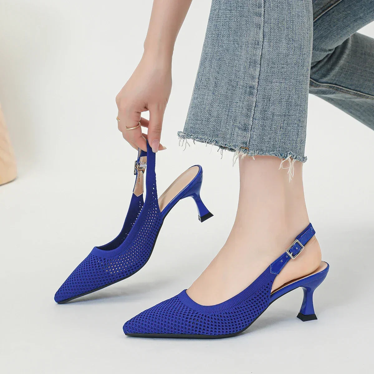 Pointed Toe Slingback Mesh Kitten Heel Pumps