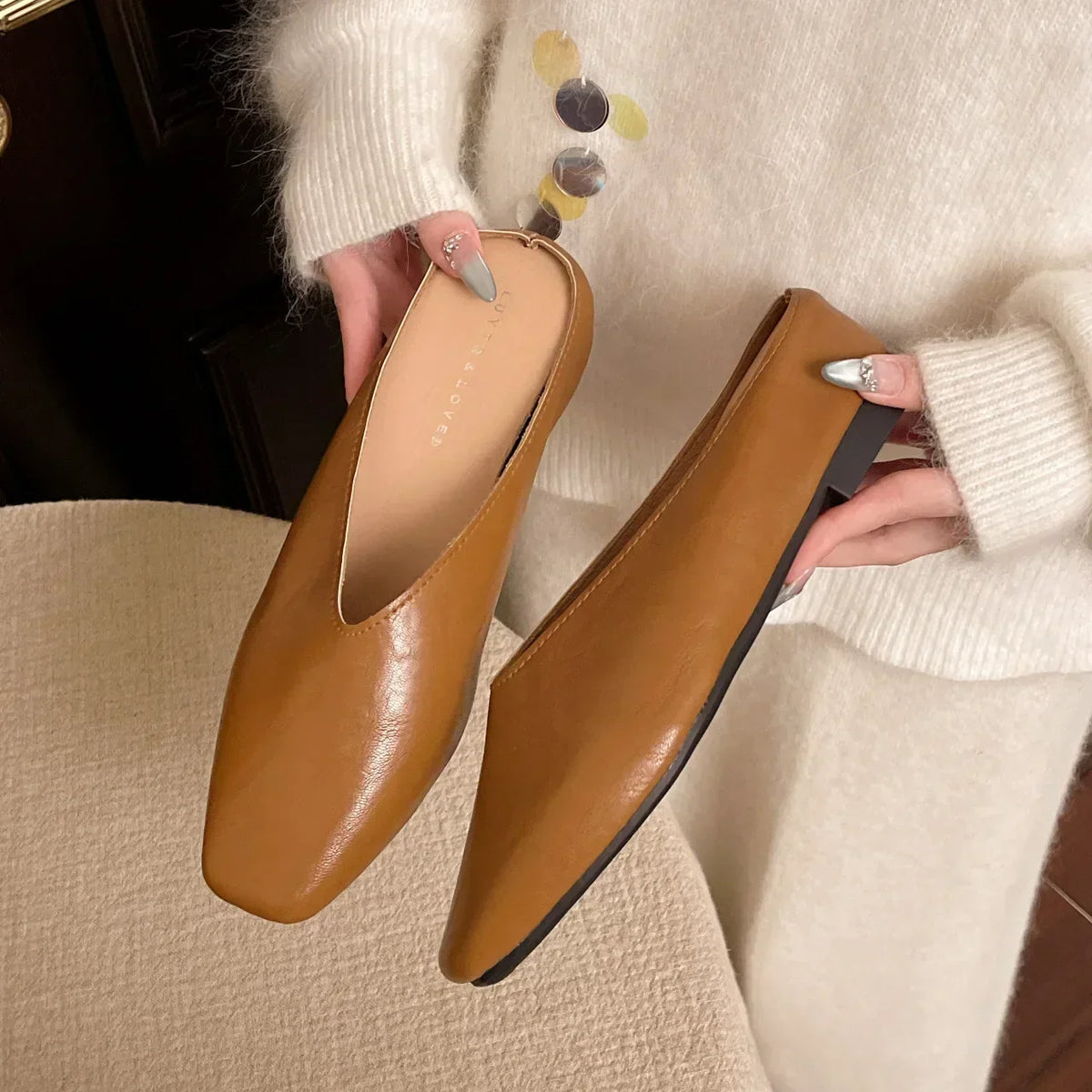 Metallic Square Toe Flat Mules