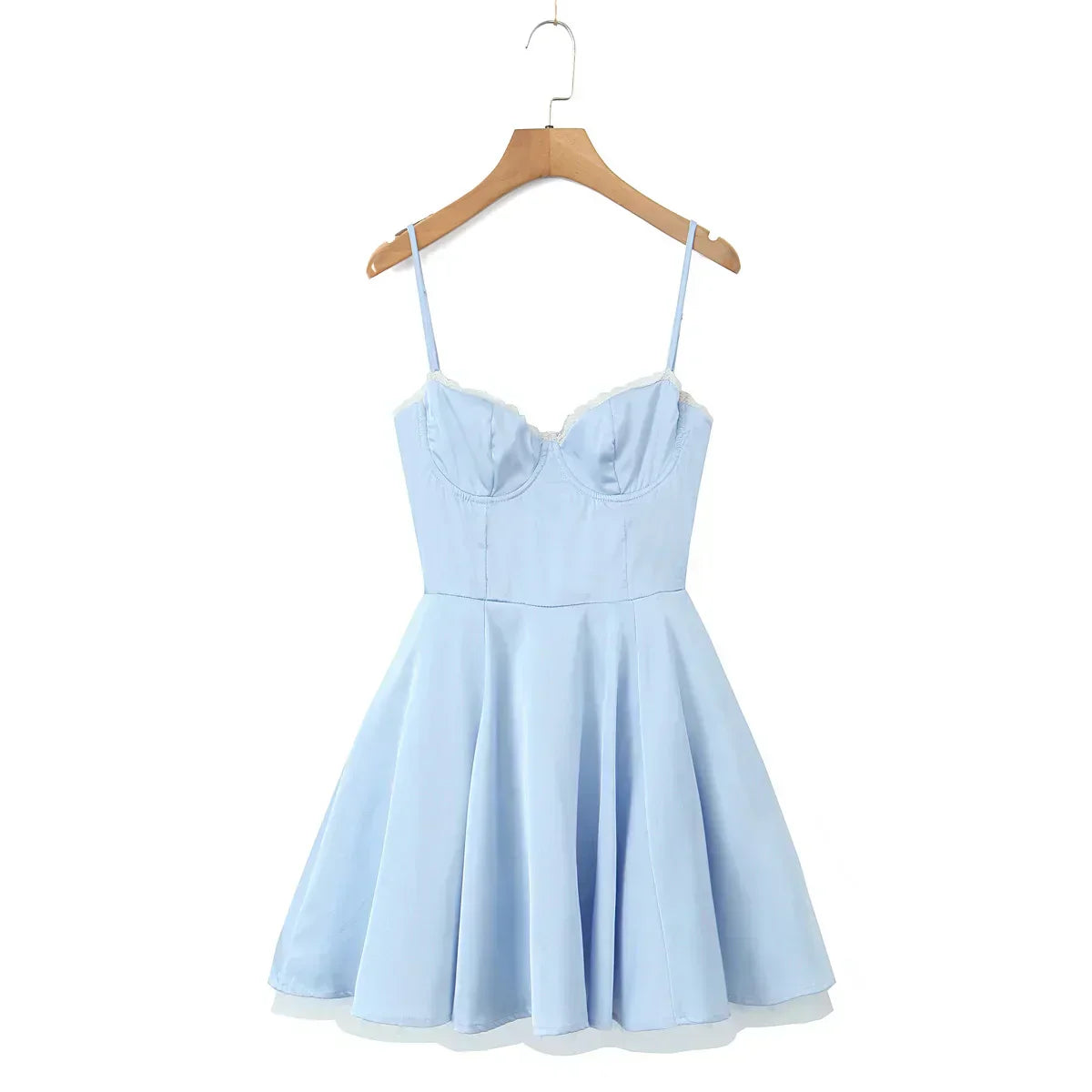 Satin Sweetheart Spaghetti Strap Corset Lace Trim A-Line Midi Dress