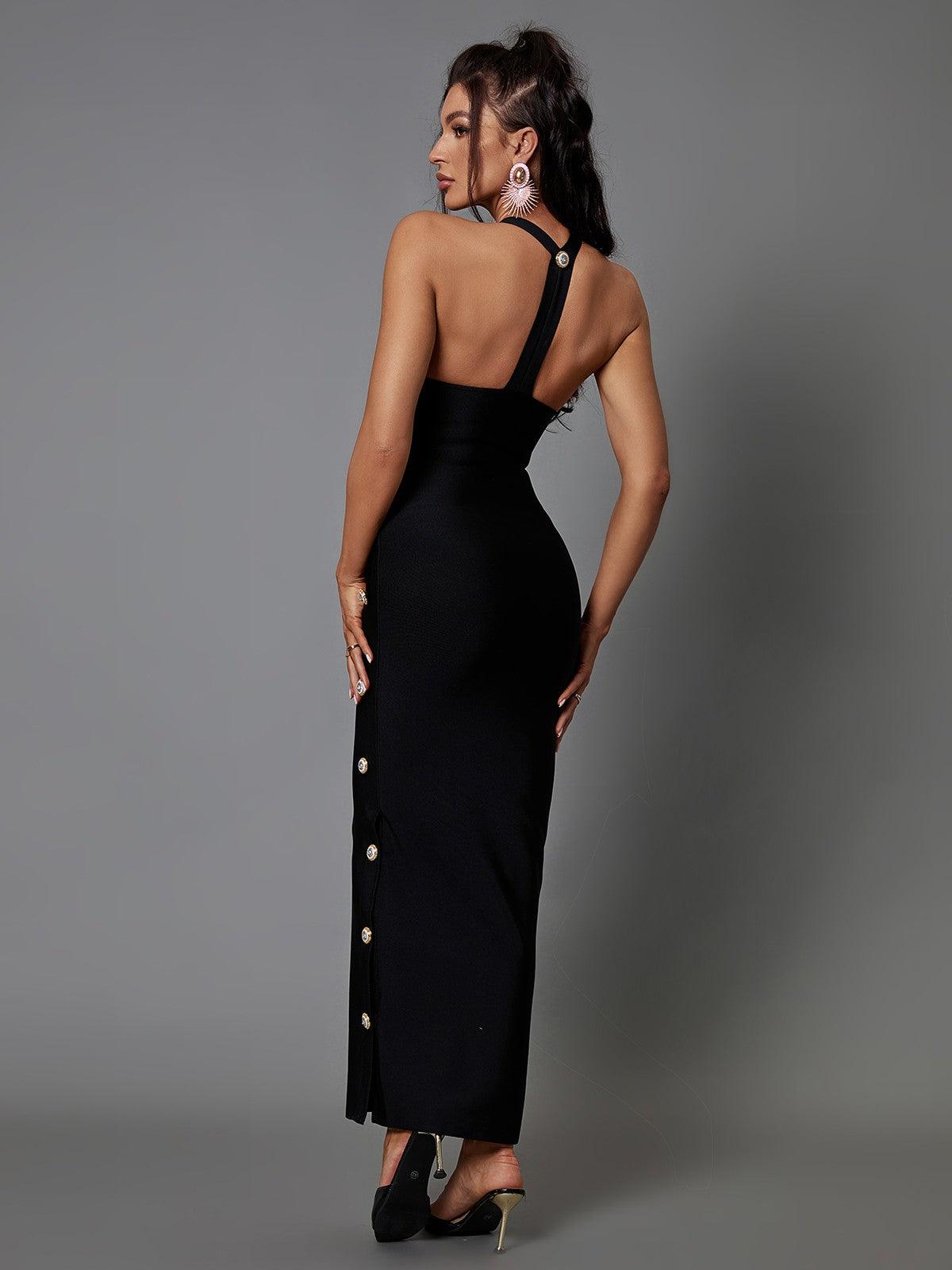 Halter Neck Button Embellished Bandage Maxi Dress
