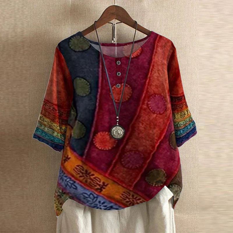 Round Neck Half Sleeve Floral Button Blouse