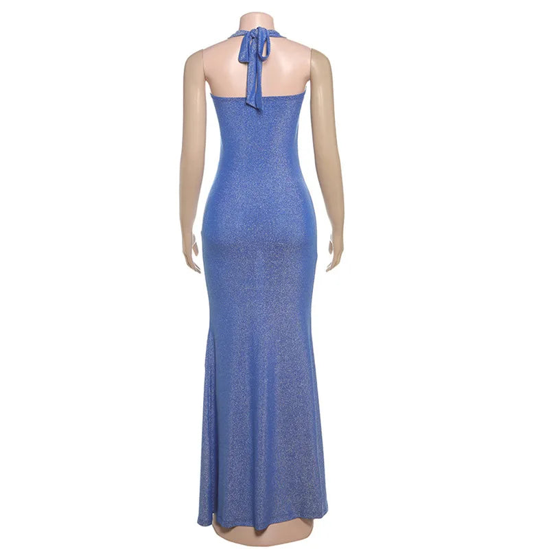 Glitter Halter Neck Backless Bodycon Mermaid Maxi Dress