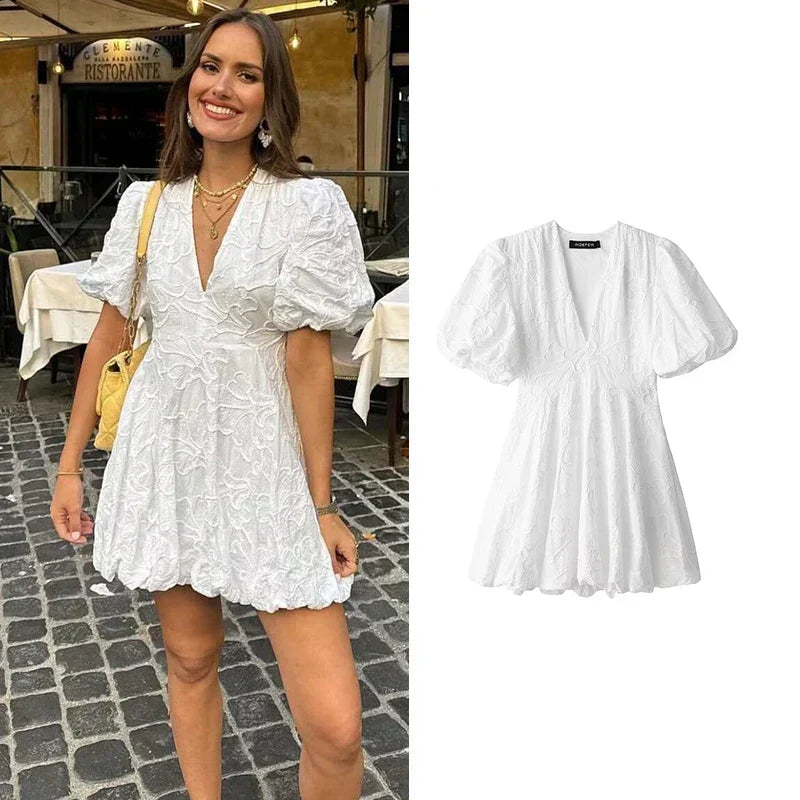 Floral Emboss Puff Sleeve Deep V-Neck Fit and Flare Mini Dress