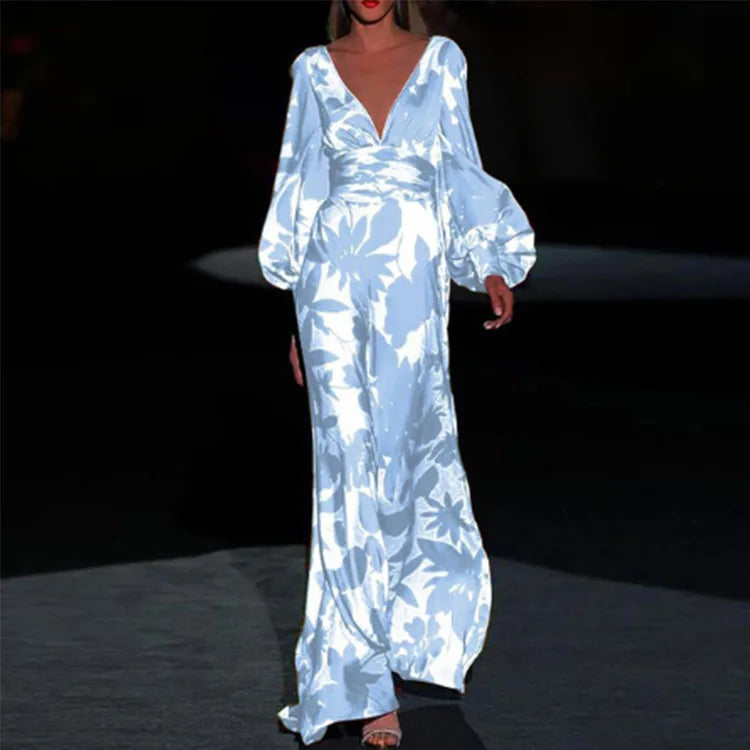 Floral Deep V-Neck Puff Sleeve Maxi Dress