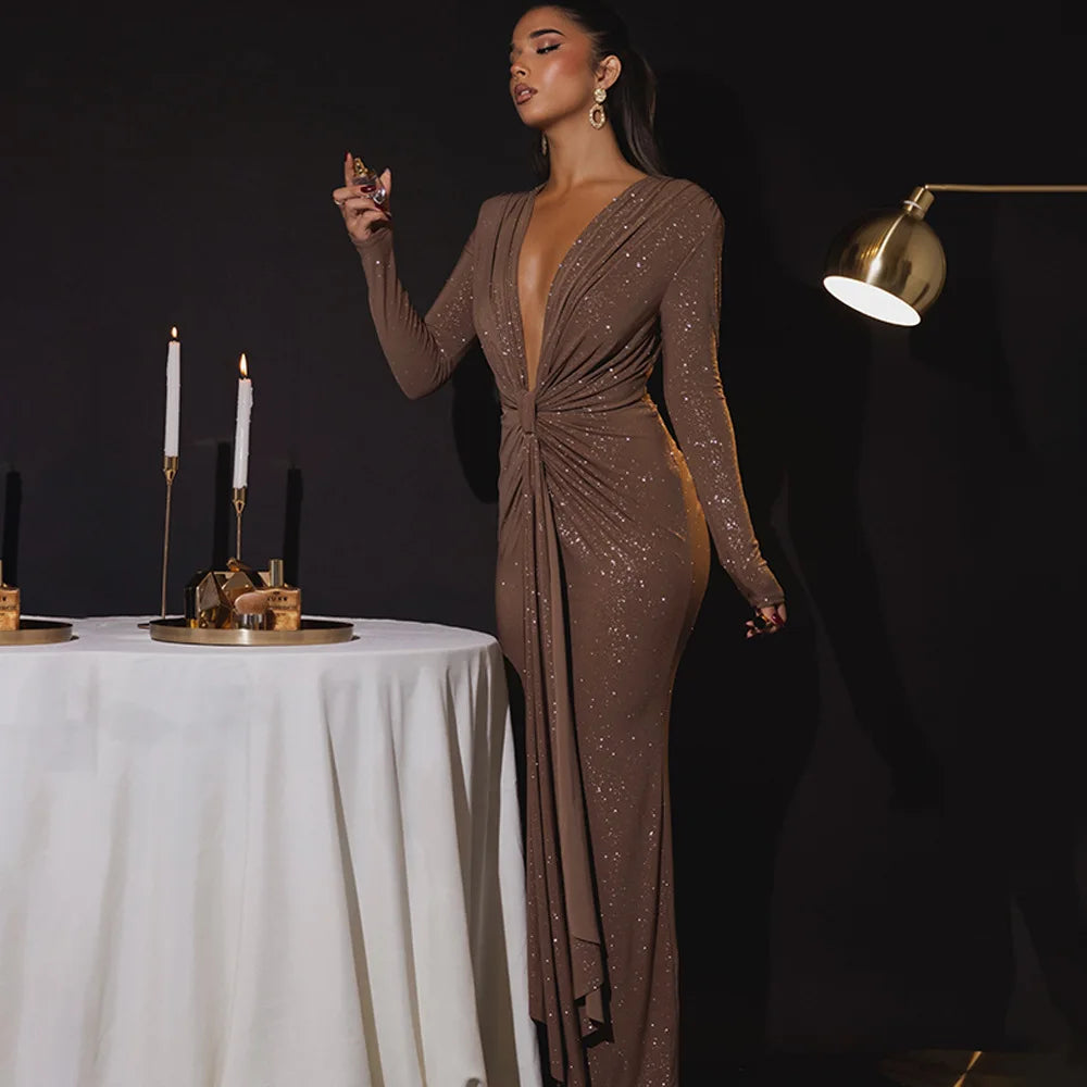 Elastic Deep V - Fold Lace Maxi Dress 27