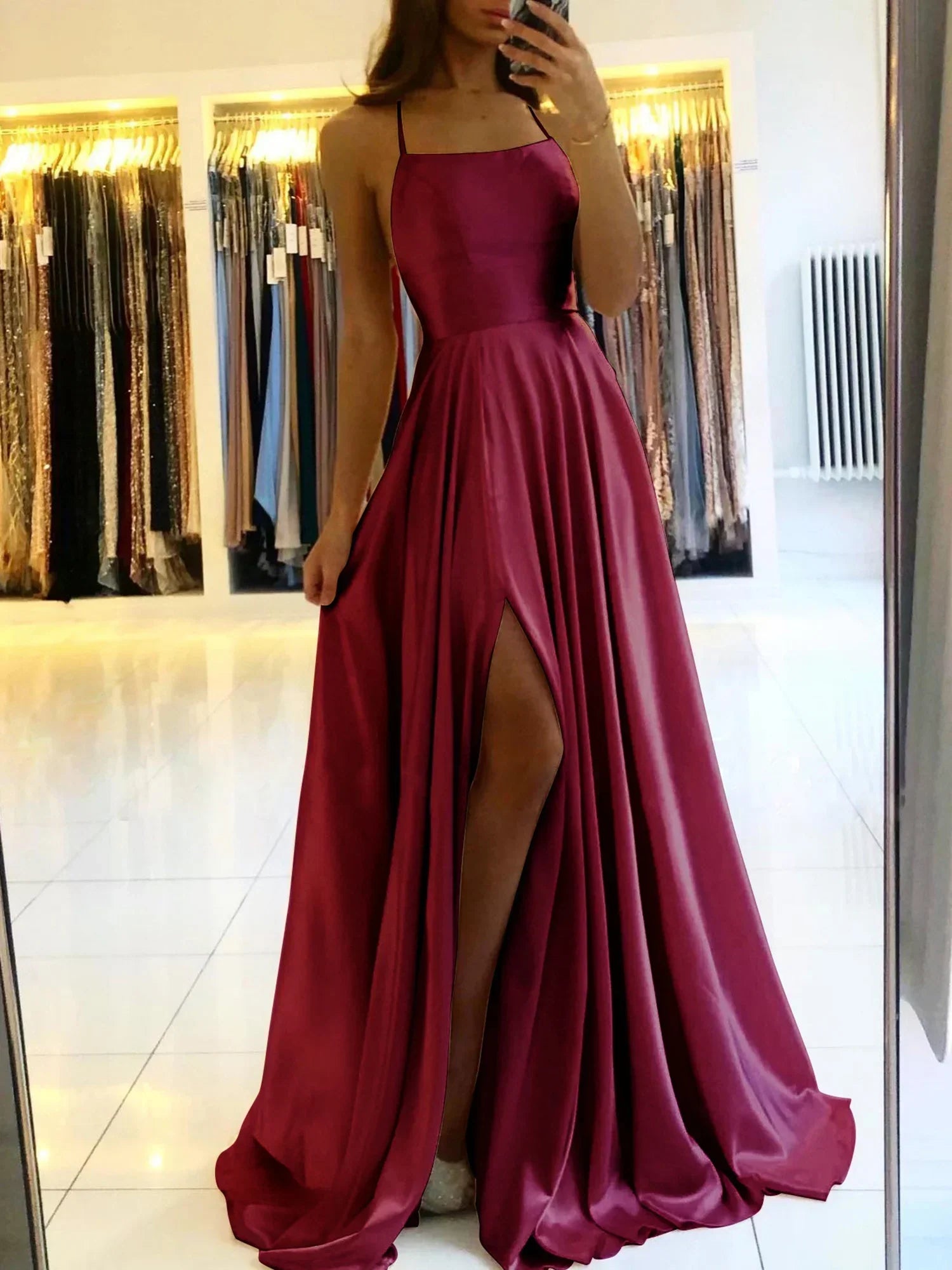 Satin Spaghetti Strap Square Neck High Split A-Line Maxi Prom Dress