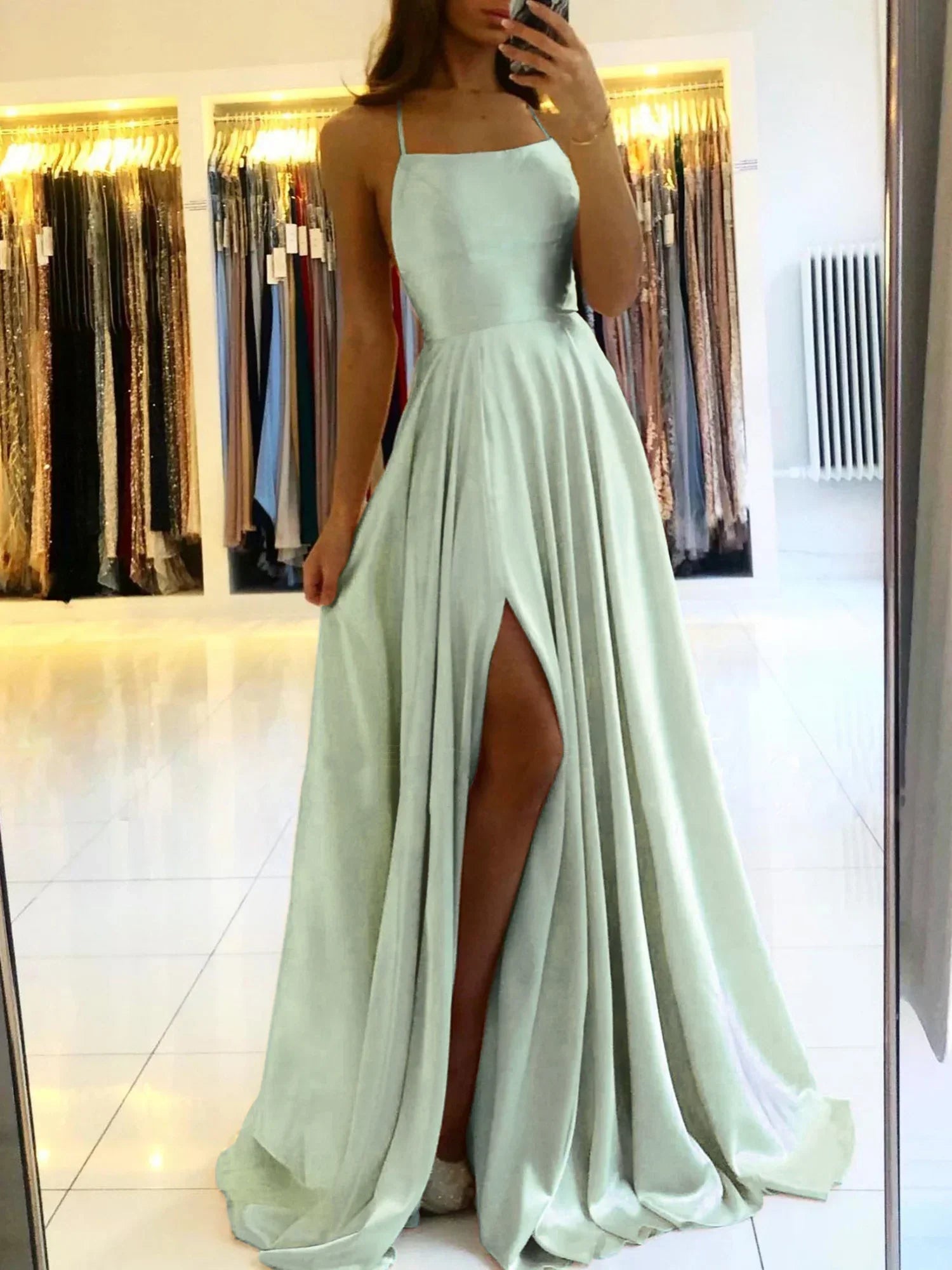 Satin Spaghetti Strap Square Neck High Split A-Line Maxi Prom Dress