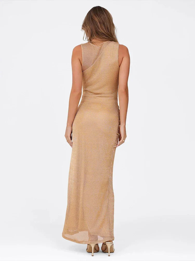 Sequin One Shoulder Cut Out Front Knot Ruched High Split Maxi Gown