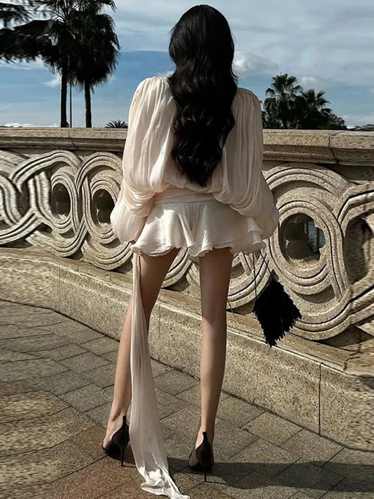 Pleated Chiffon Tie Neck Lantern Sleeve Sash Waist Ruffle Mini Dress 5