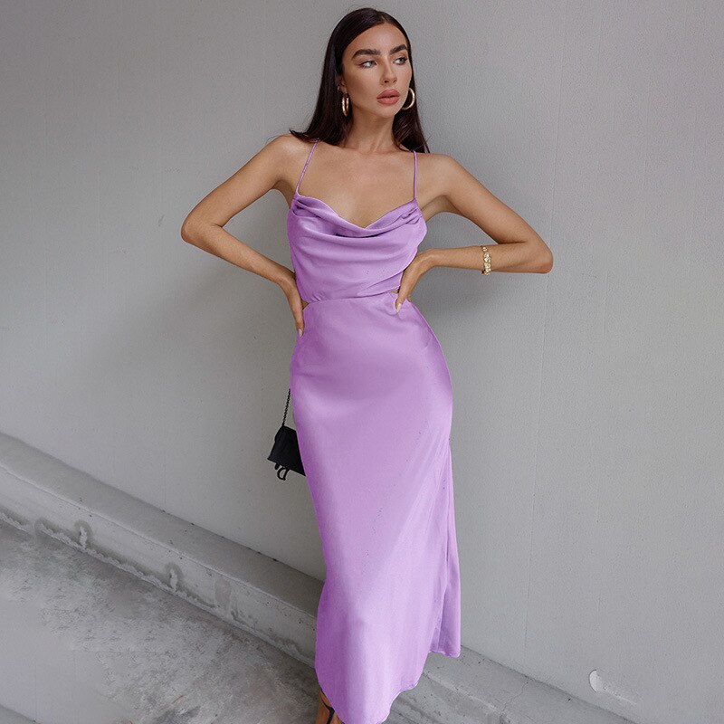 Satin Cowl Neck Spaghetti Strap Cut Out Bodycon Maxi Dress