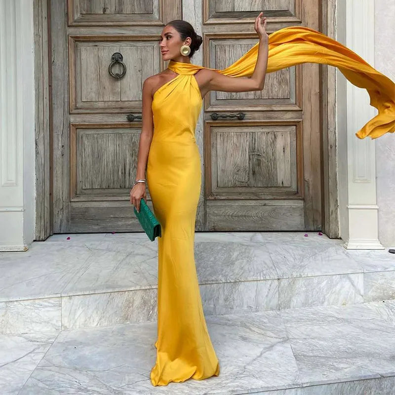 Satin Halter Neck Asymmetric Draped Sash Floor Length Gown