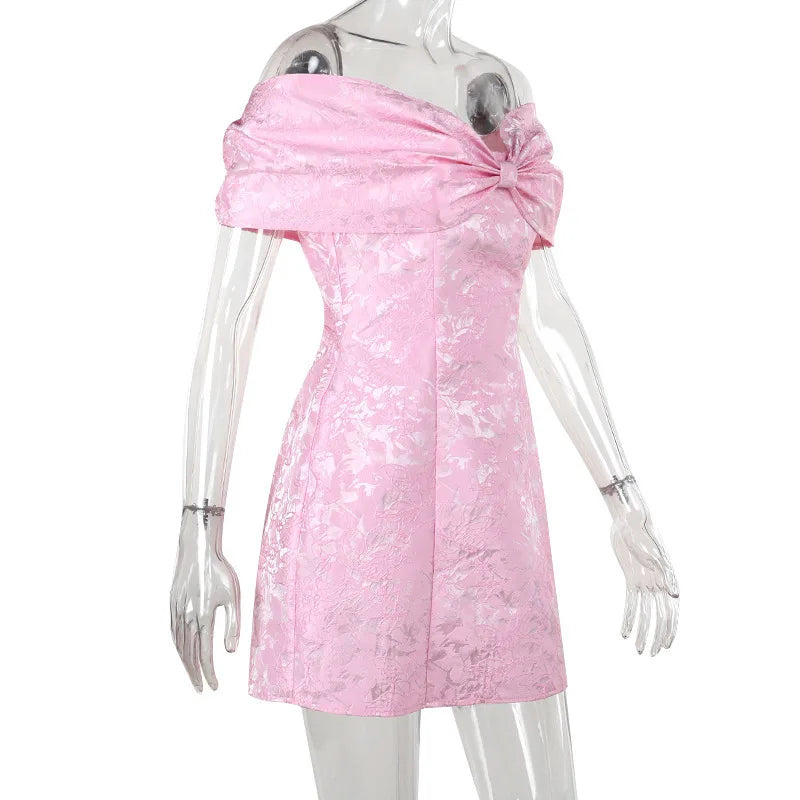 Jacquard Off Shoulder Oversized Bow Bubble Hem Mini Party Dress 13