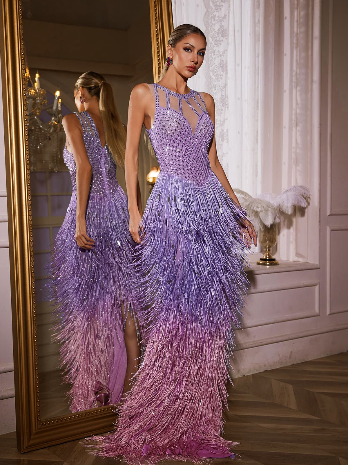 Sleeveless Beaded Mesh Neck Sequin Tiered Fringe Ombre Maxi Gown