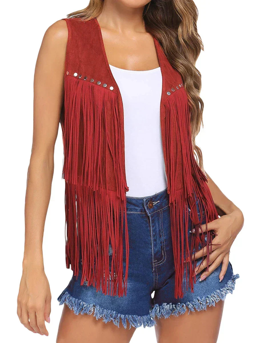 Fringe Suede Look Open Front Vest