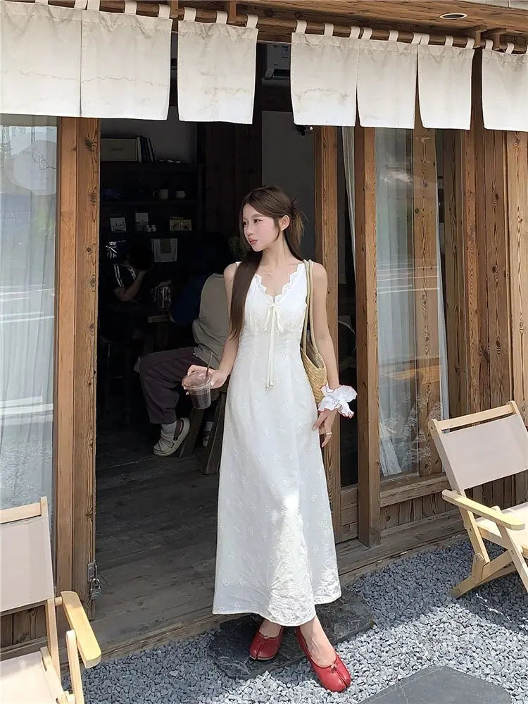 Eyelet V-Neck Lace Trim Slip Midi Dress Summer 8