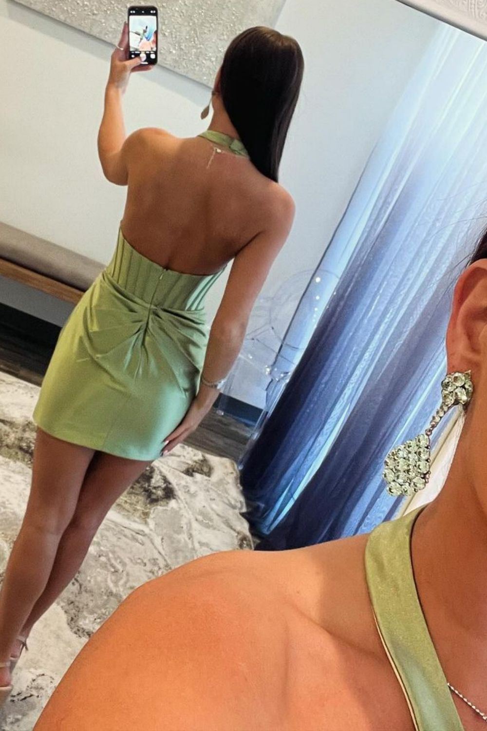 Sage Green Mermaid Halter Neck Short Satin Homecoming Dress
