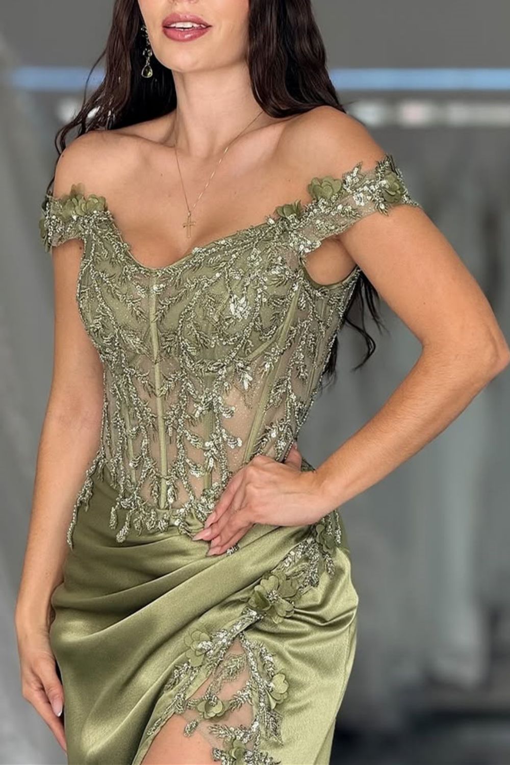 Sage Green Mermaid Off The Shoulder Long Satin Formal Dress with Sequined Appliques