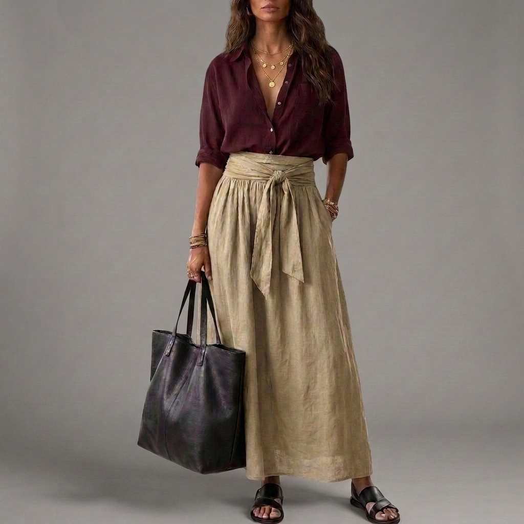 Button Front Shirt and Tie Waist Maxi Skirt Two Piece Set